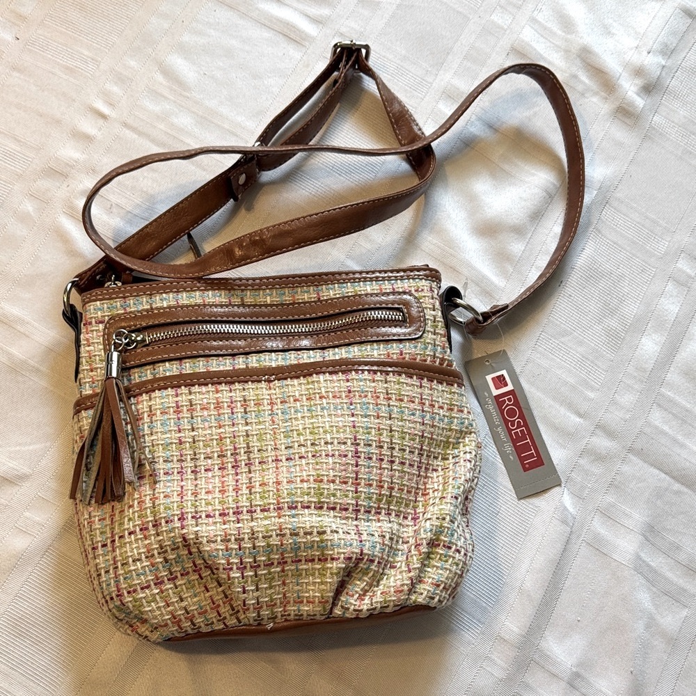 Rosetti Woven Crossbody Bag with Brown Accents, contrasting textures for fall